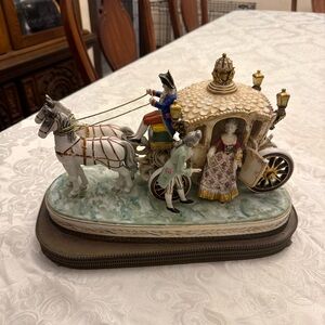 Antique Ceramic Carriage Figurine with Gold and Blue Accents